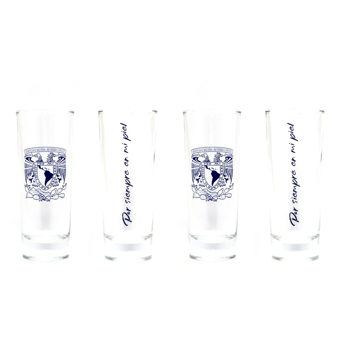 SET DE 4 VASOS SHOTS ESCUDO UNAM FRASE ORGULLO UNAM