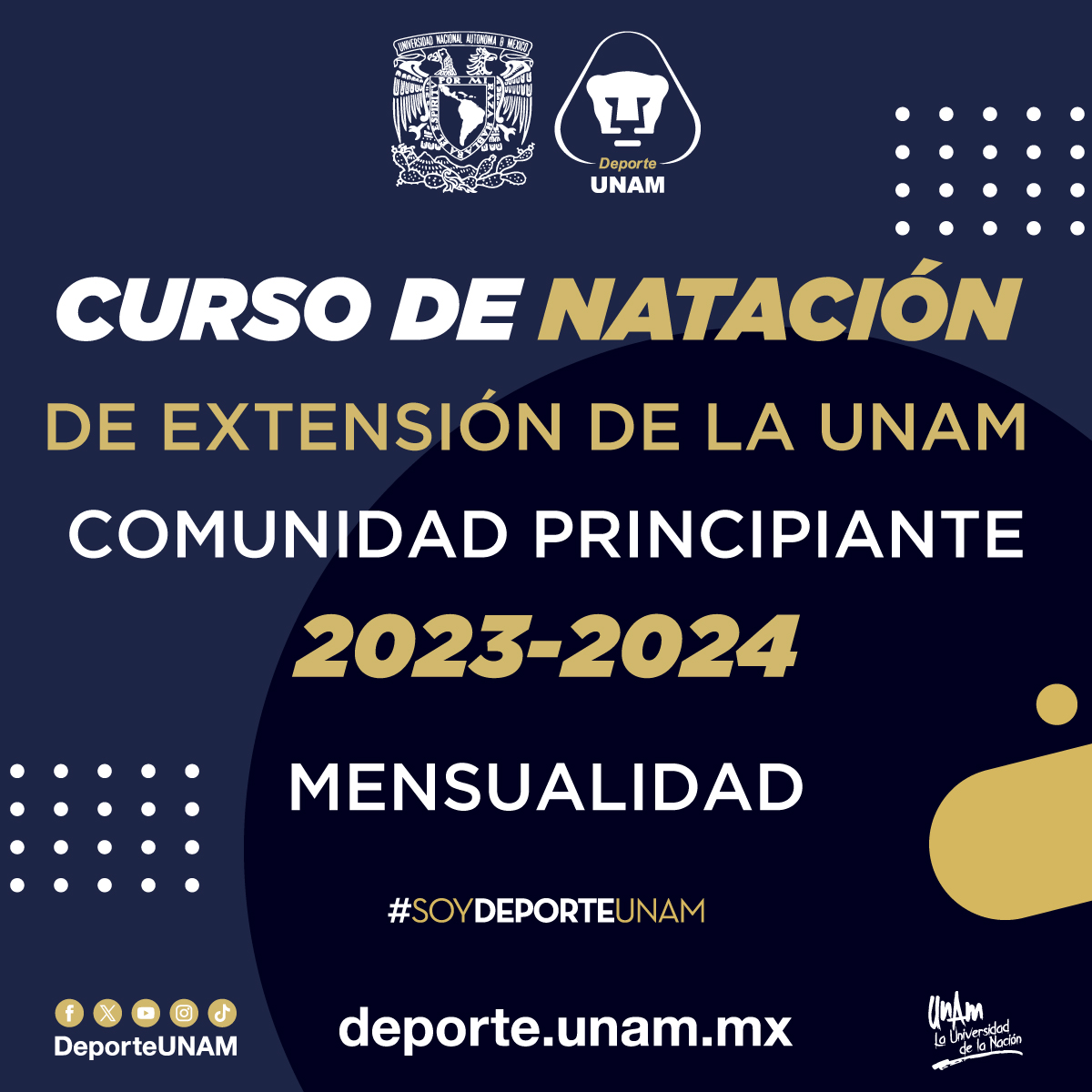CURSO DE NATACIÓN DE EXTENSIÓN DE LA UNAM 2023 - 2024 COMUNIDAD PRINCIPIANTE MENSUALIDAD