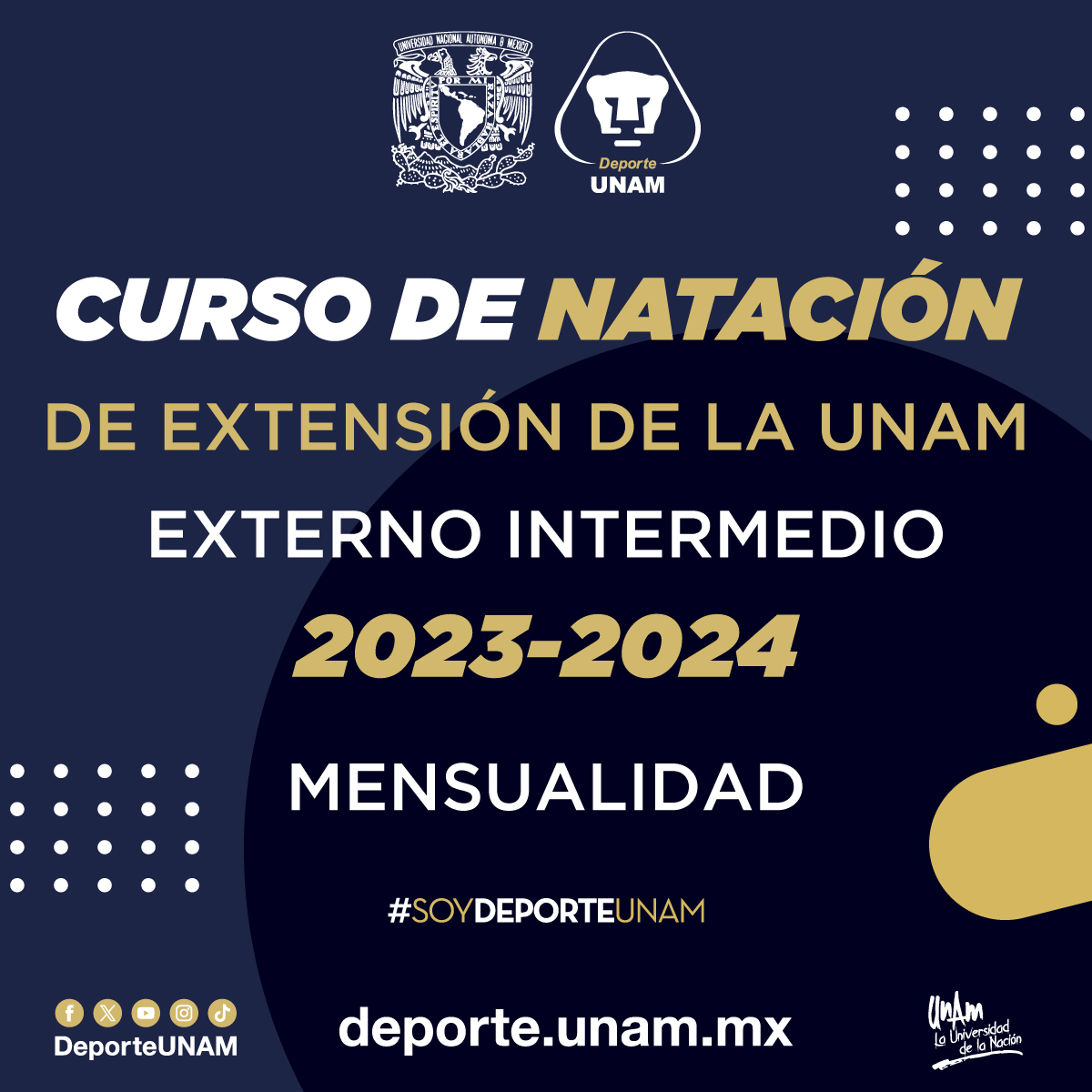 CURSO DE NATACIÓN DE EXTENSIÓN DE LA UNAM 2023 - 2024 EXTERNOS INTERMEDIOS MENSUALIDAD