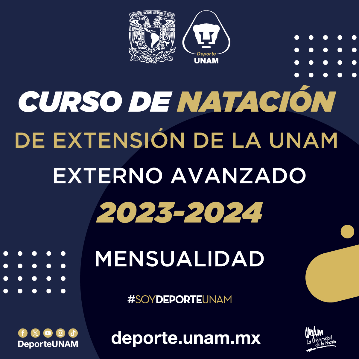 CURSO DE NATACIÓN DE EXTENSIÓN DE LA UNAM 2023 - 2024 EXTERNOS AVANZADOS MENSUALIDAD