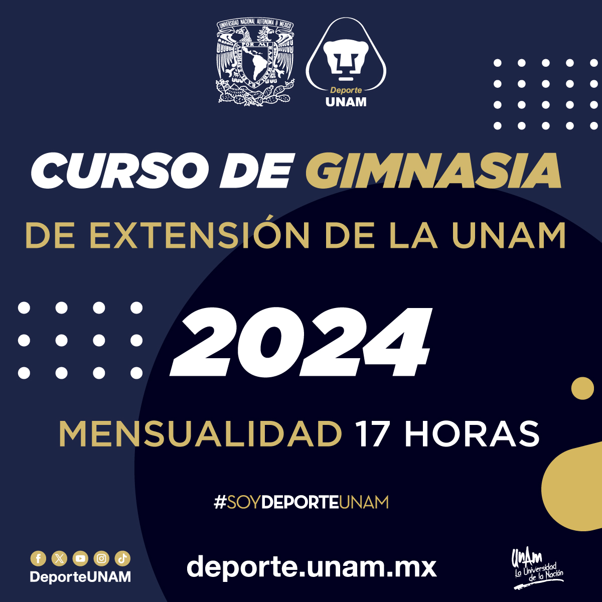CURSO DE GIMNASIA DE EXTENSIÓN DE LA UNAM 2024 MENSUALIDAD 17 HORAS