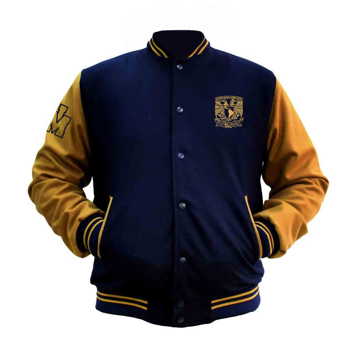 CHAMARRA DE FELPA AZUL Y ORO ESCUDO UNAM