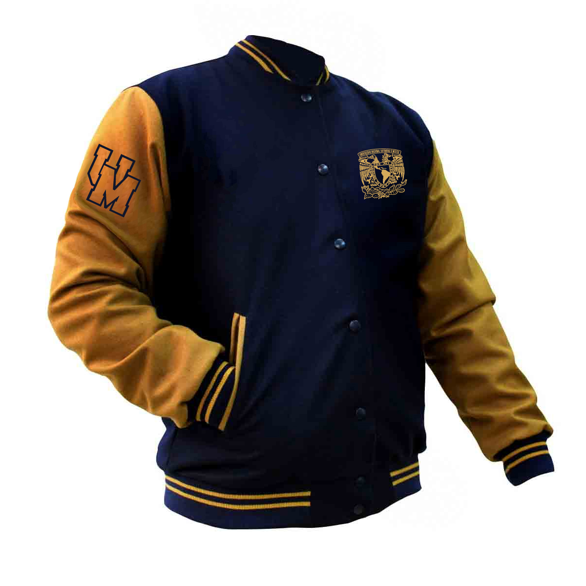 CHAMARRA DE FELPA AZUL Y ORO ESCUDO UNAM