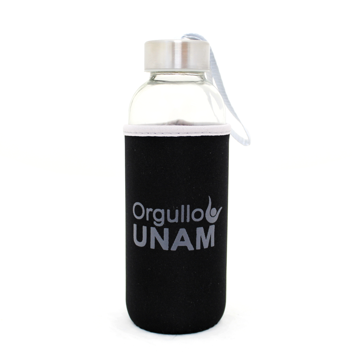 TERMO VIDRIO CON FUNDA NEGRO LOGO ORGULLO UNAM