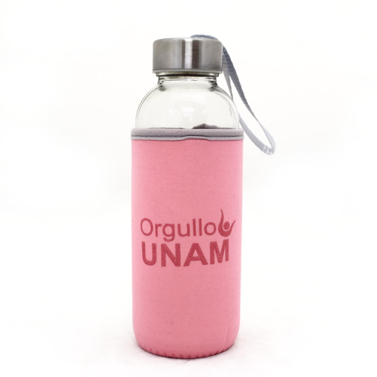 TERMO VIDRIO CON FUNDA ROSA LOGO ORGULLO UNAM